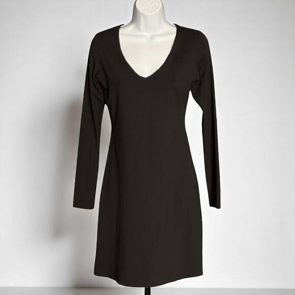 Susana Monaco Deep V Long Sleeve Dress Size Small Off Black Bodycon Nylon Glam - Picture 2 of 7